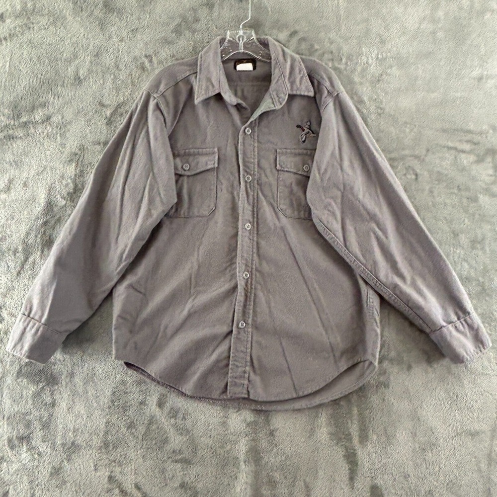 Vtg Melton Deerskin Chamois Shirt Mallard Duck Embroidery L Gray Long Sleeve USA